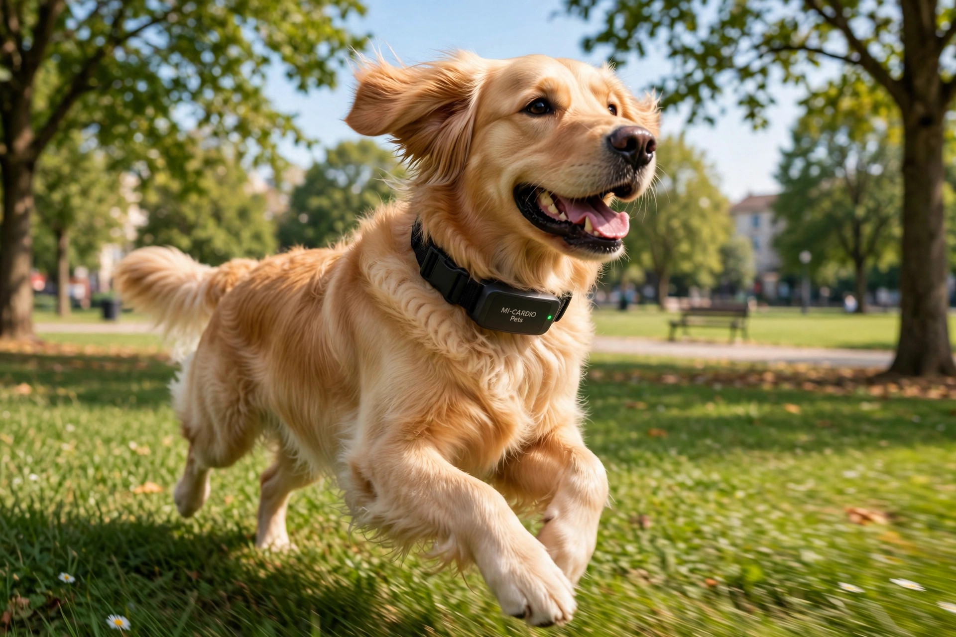 Perro con el collar MI-CARDIO Pets corriendo en el parque